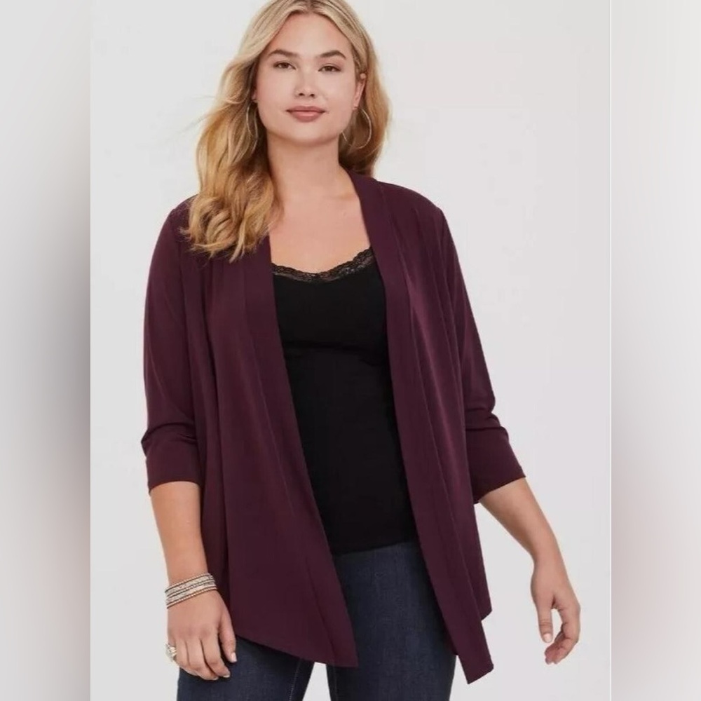 TORRID Women's Open Front Burgundy (Red/Purple) Drape Cardigan 3/4 Sleeve